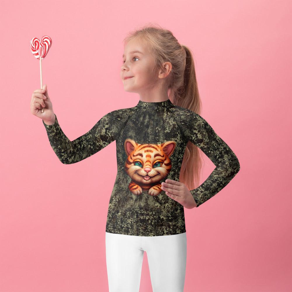 Child wearing Ethereal Tiger Beauties Rash Guard in action.