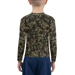 Close-up of Ethereal Tiger pattern on Kids Rash Guard.