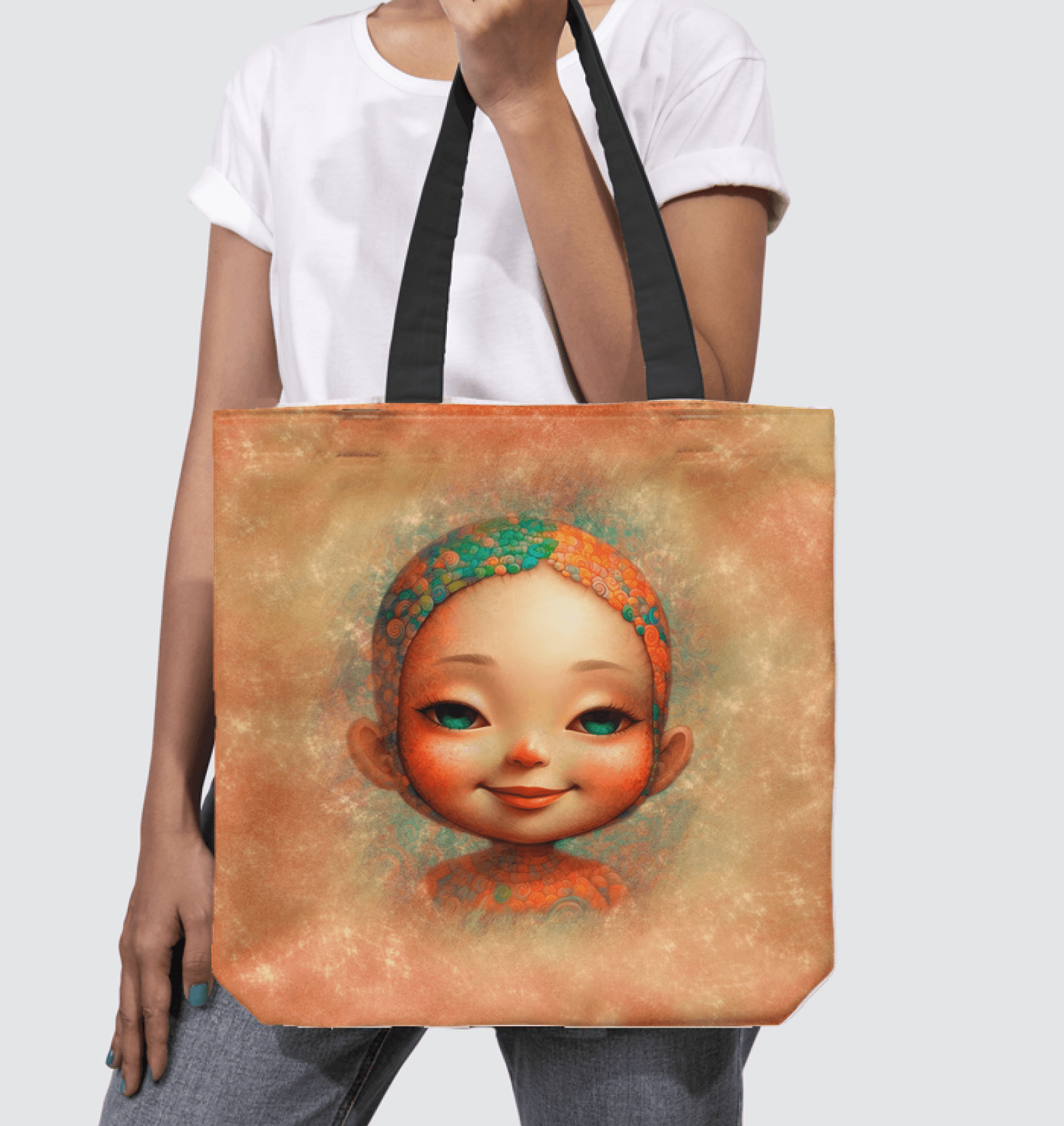 Ethereal Youthful Gazes pattern on Basketweave Tote Bag.