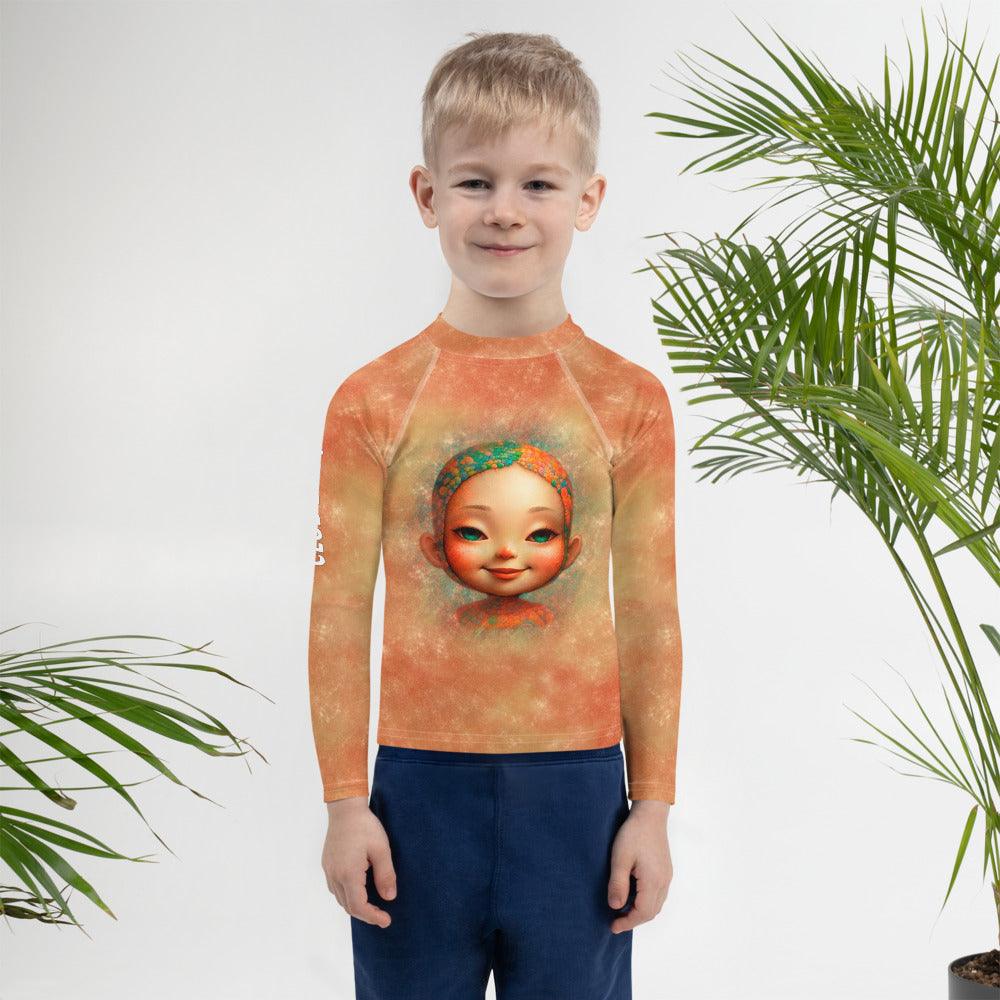 Child wearing Ethereal Youthful Gazes Rash Guard at the beach.