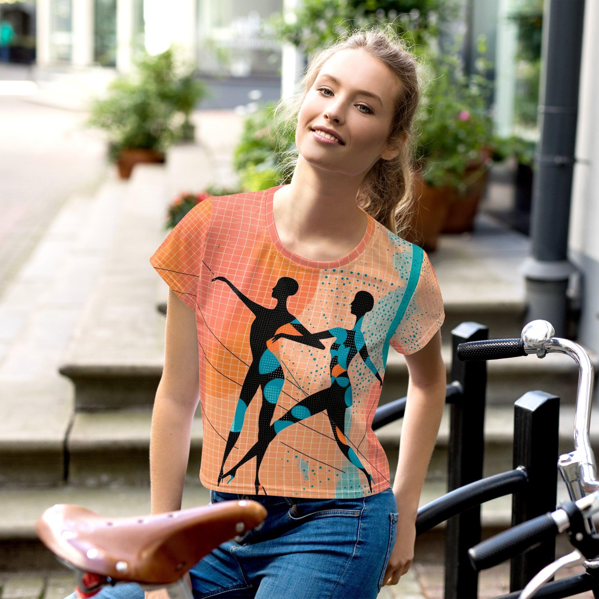 Elegant balletic fashion crop tee with unique all-over print design.