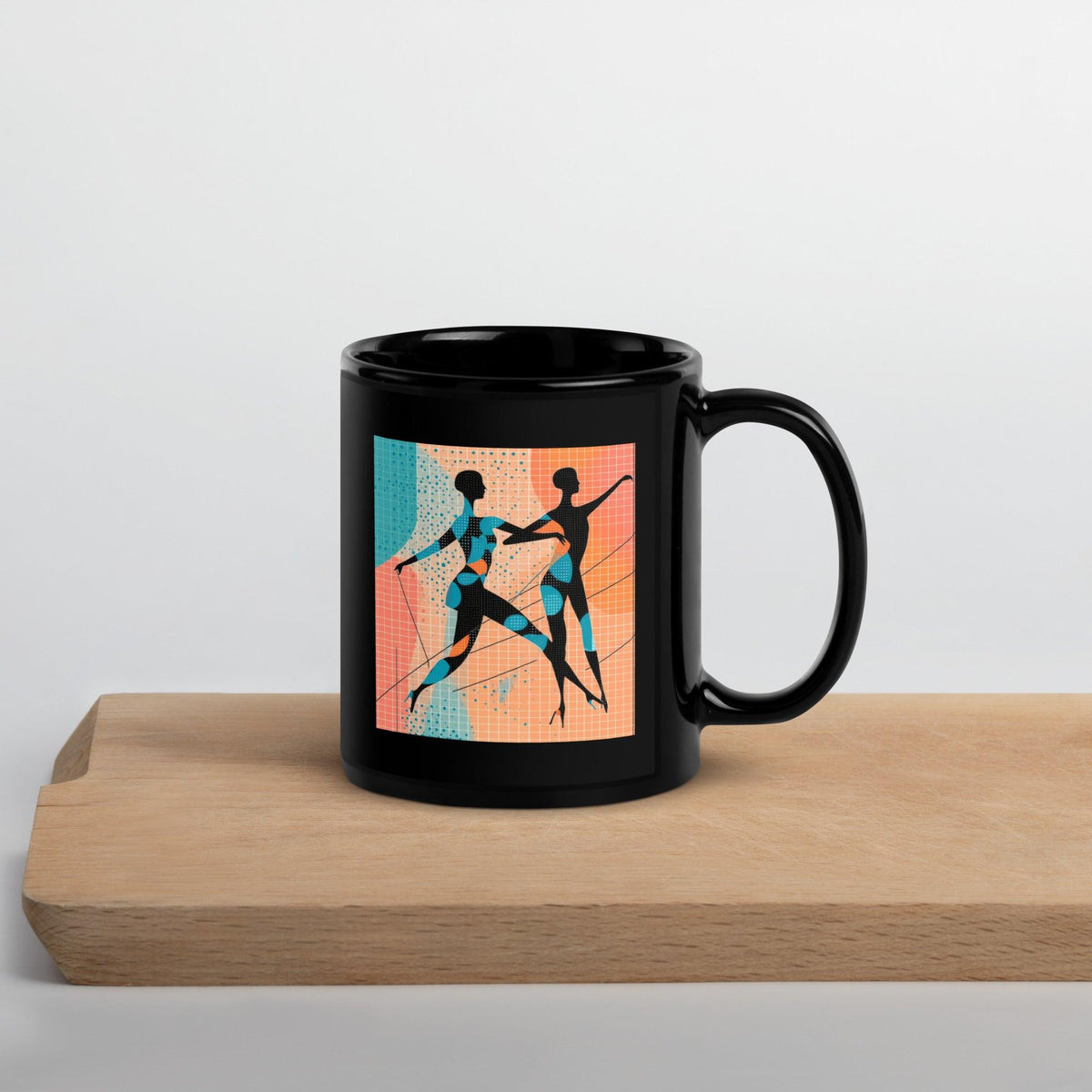 Black glossy mug with balletic design for elegant mornings.