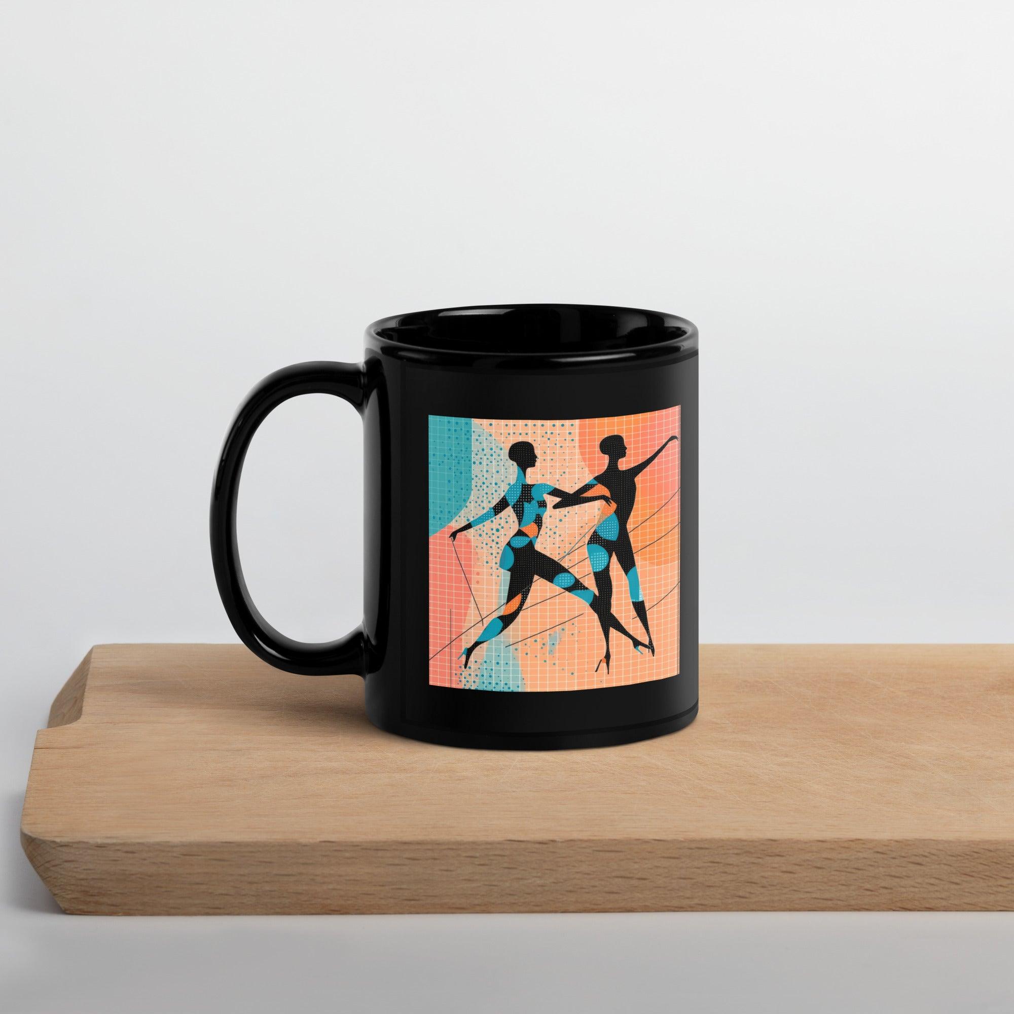 Elegant black glossy mug with balletic fashion accents.