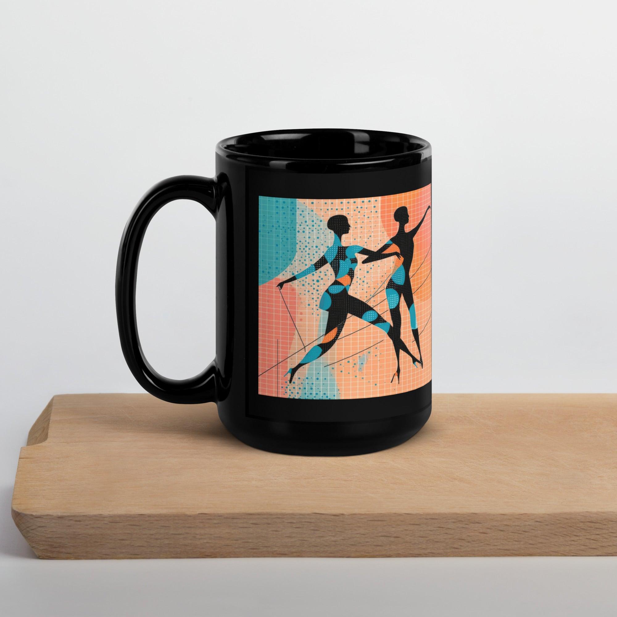 Expressive and elegant black glossy mug with dance motifs.