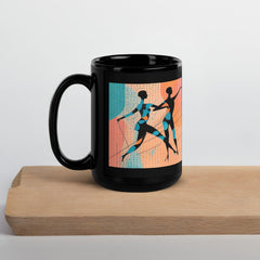 Expressive and elegant black glossy mug with dance motifs.