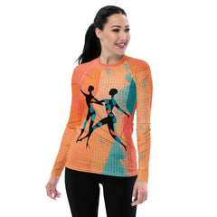 Expressive fashion women's rash guard with balletic design.