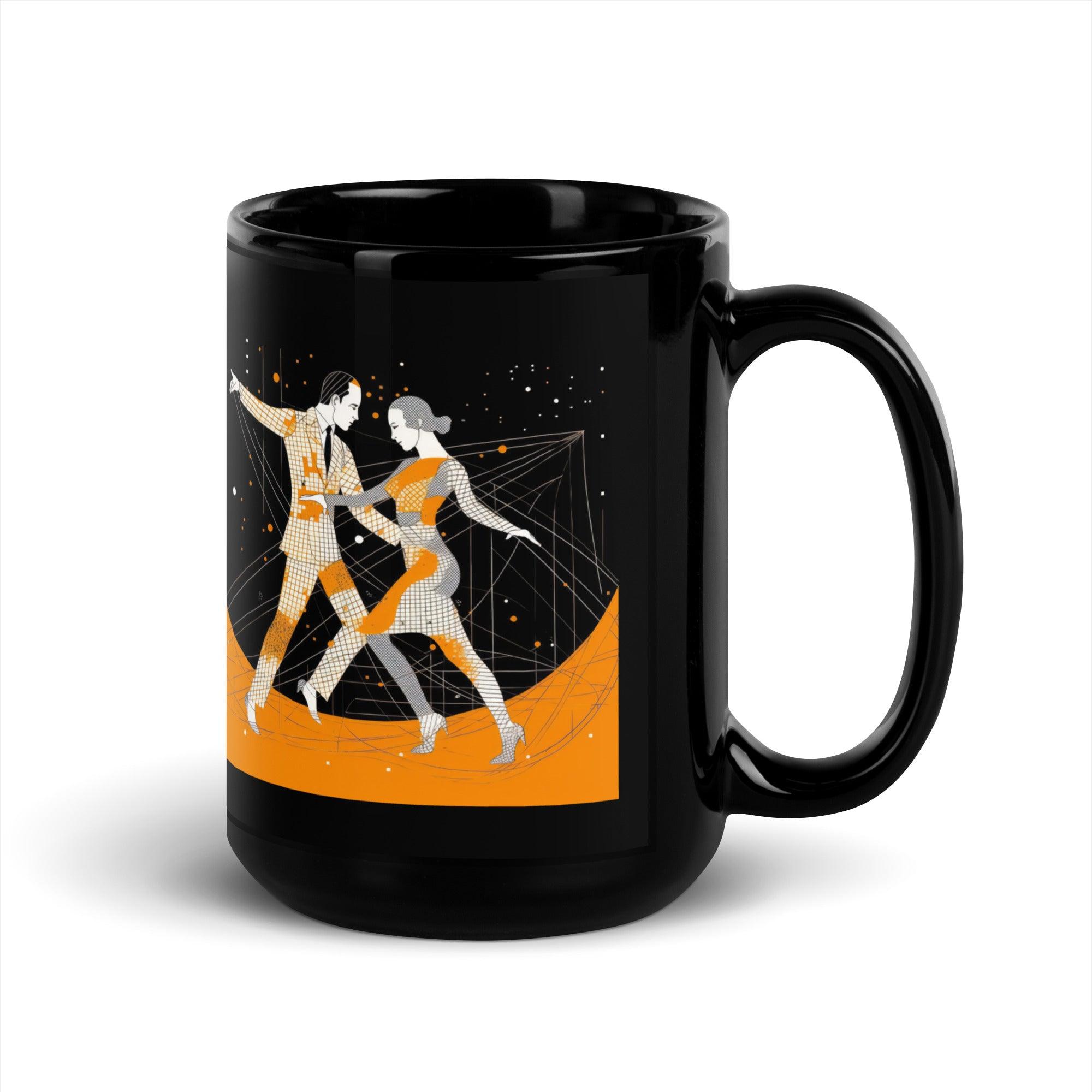 Close-up of the black glossy mug with expressive feminine design.