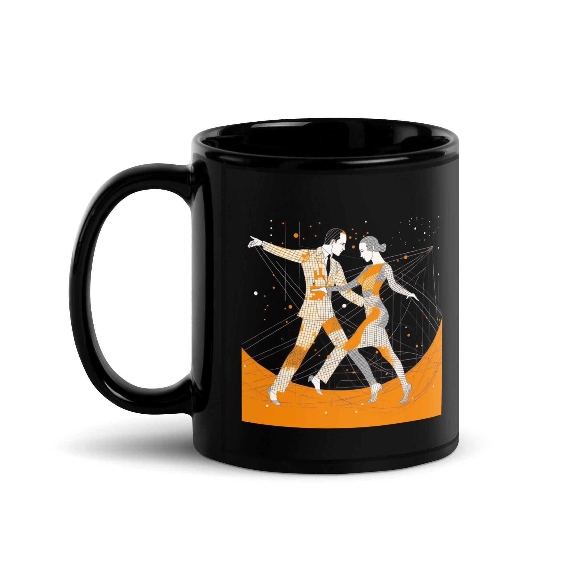 Black glossy coffee mug featuring graceful motion artwork.