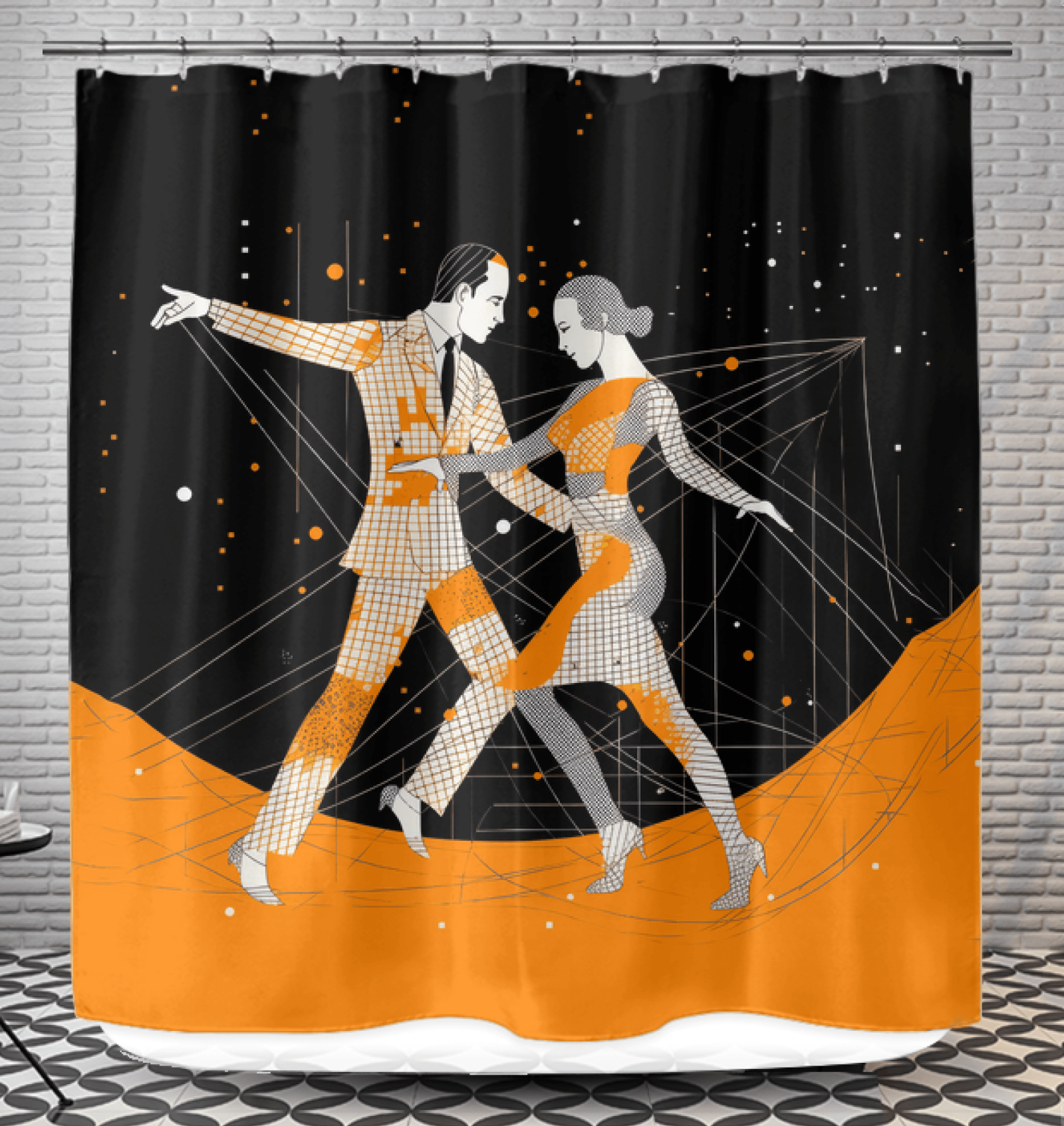 Artistic feminine shower curtain with fluid motion design, enhancing bathroom aesthetics.