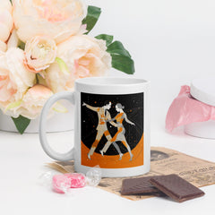 Elegant white mug featuring a graceful, feminine motion artwork.