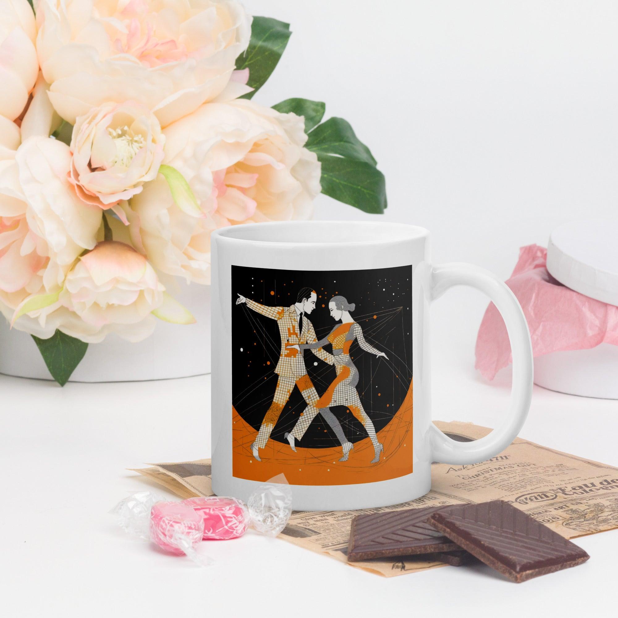 Stylish glossy white coffee mug with artistic feminine expression.