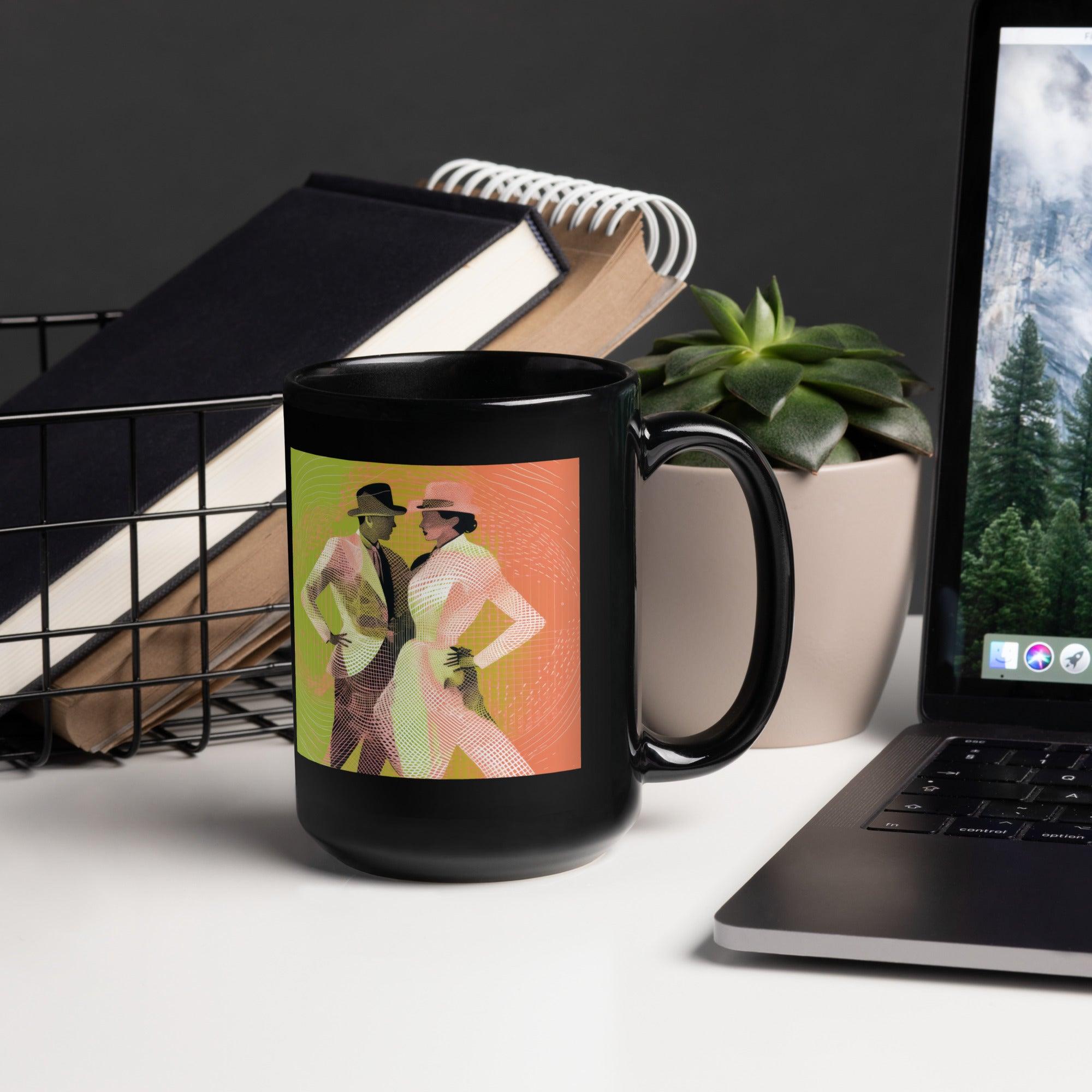 Stylish black coffee mug featuring artistic dance pose illustration.