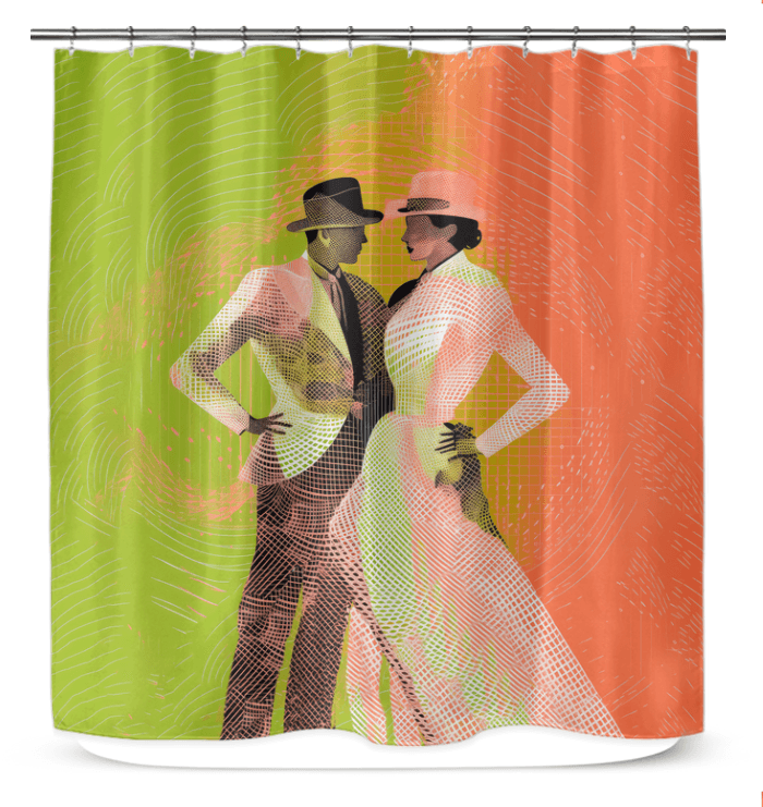 Artistic shower curtain with exquisite dance posture illustration, enhancing bathroom elegance.