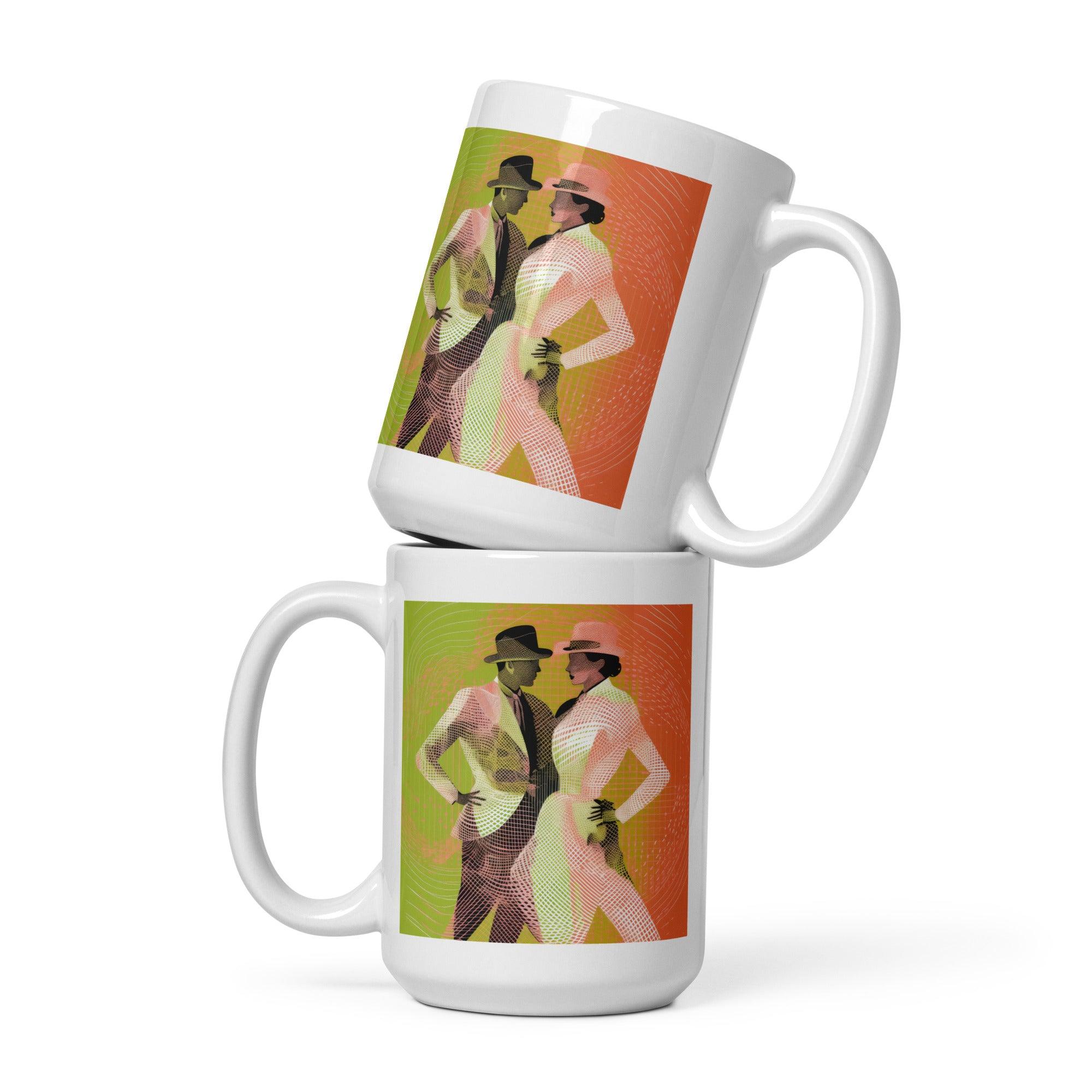 Elegant white glossy mug with feminine dance posture design