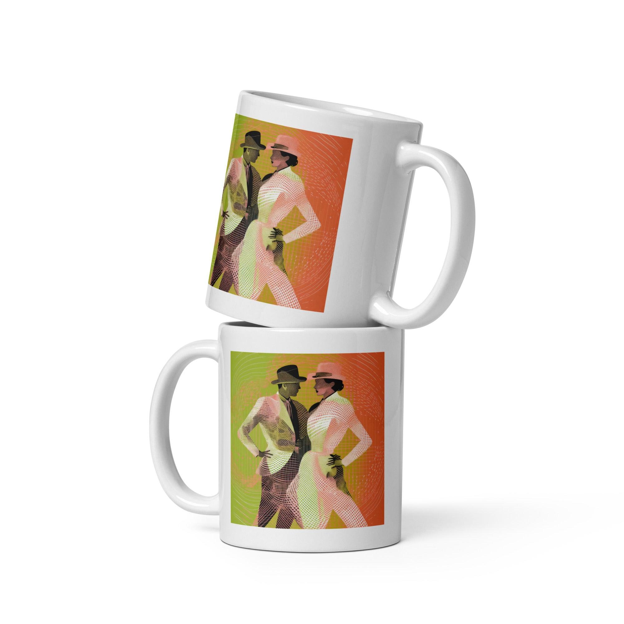 White ceramic mug featuring a graceful dance pose illustration