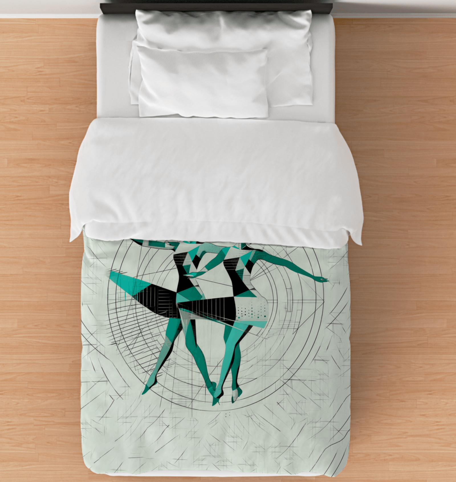 Artistic women's dance expression design on a duvet cover, enhancing bedroom decor.