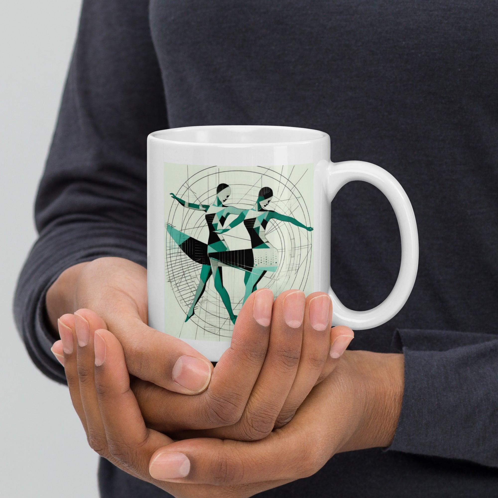 White glossy mug with women's dance expression design for elegant coffee times.