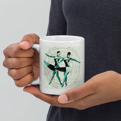 Elegant white mug featuring artistic dance expressions, perfect for gift-giving.