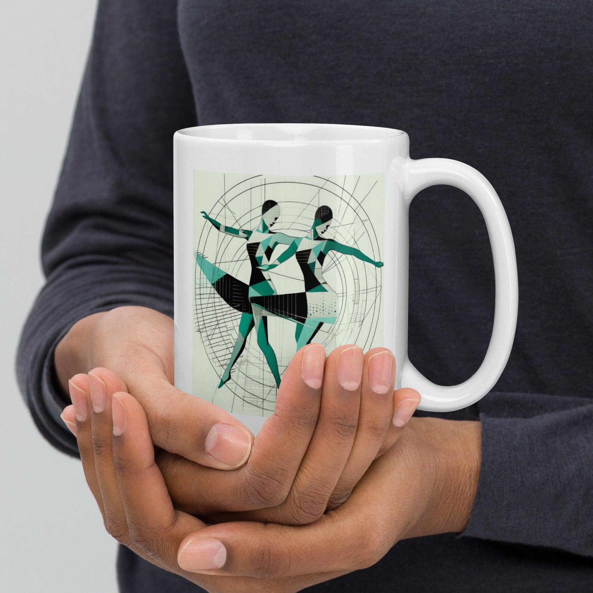 Close-up of a white glossy mug with dance-themed artwork, ideal for dancers.