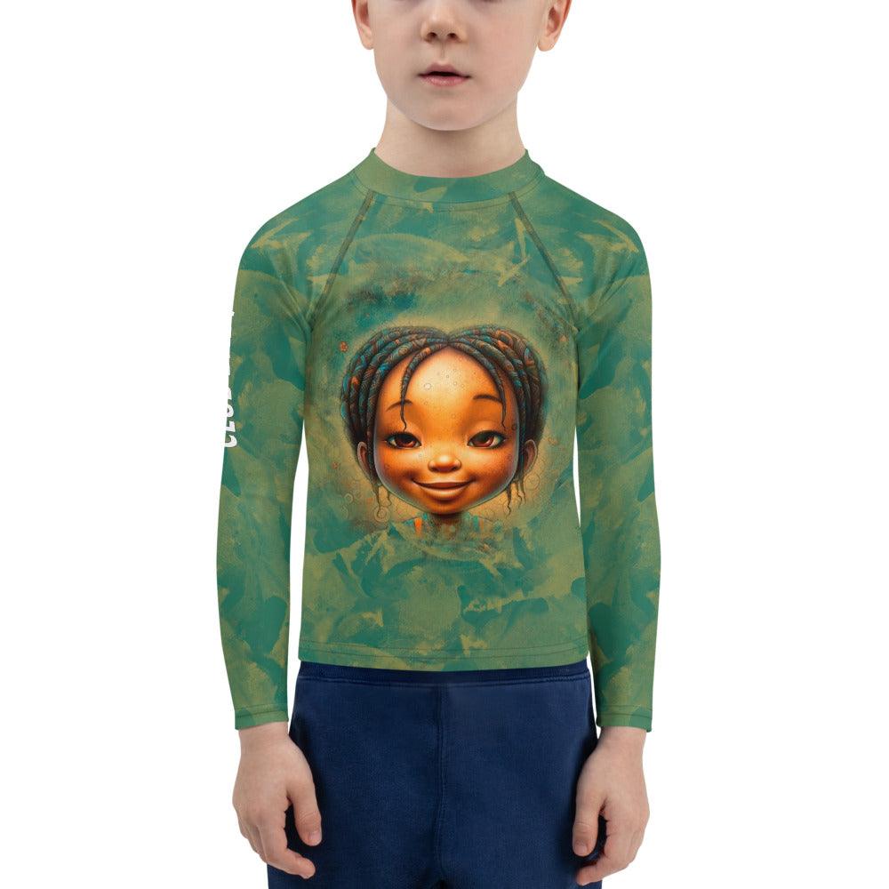 Child wearing Fantasia's Cherished Glances Rash Guard at the beach.