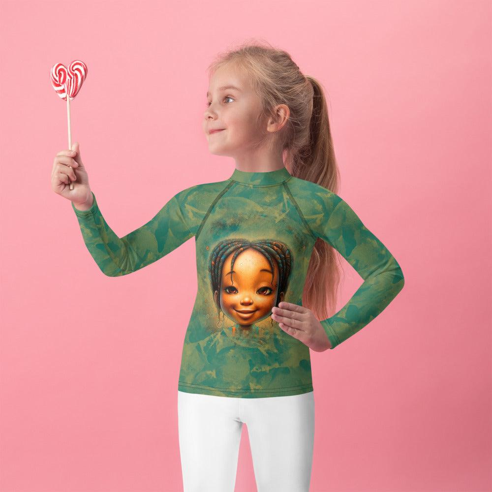 Kids playing in the water wearing Fantasia's Cherished Rash Guards.