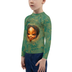 Back view of child in Fantasia's Cherished Glances Kids Rash Guard.