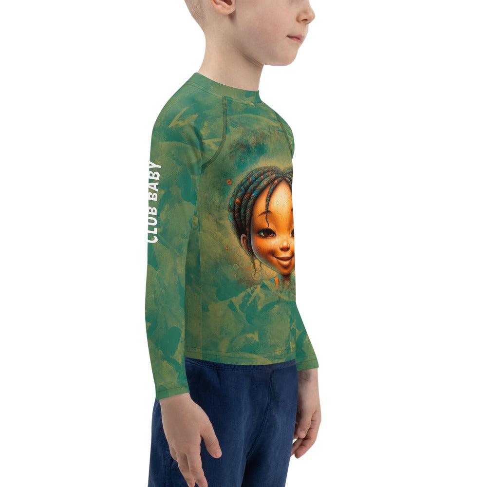 Fantasia's Rash Guard on hanger - Cherished Glances design detail.