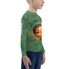 Fantasia's Rash Guard on hanger - Cherished Glances design detail.