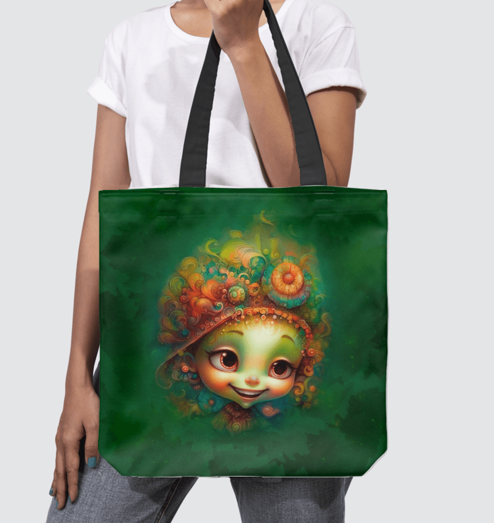 Fantasia's Dreamy Pupils Basketweave Tote Bag displayed on white background.