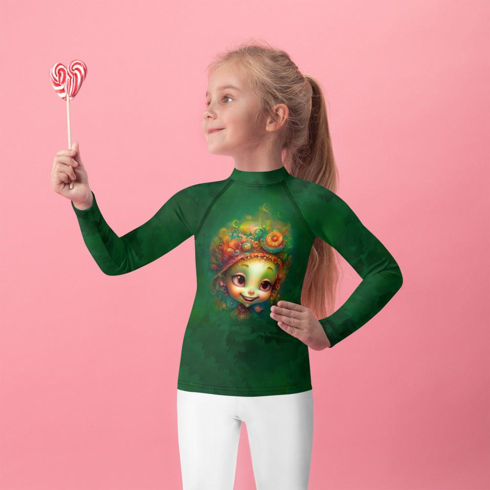 Child wearing Fantasia's Dreamy Pupils Rash Guard at the beach.