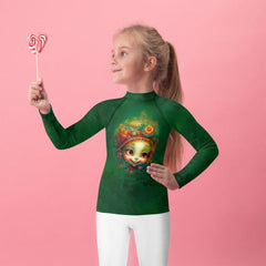 Child wearing Fantasia's Dreamy Pupils Rash Guard at the beach.
