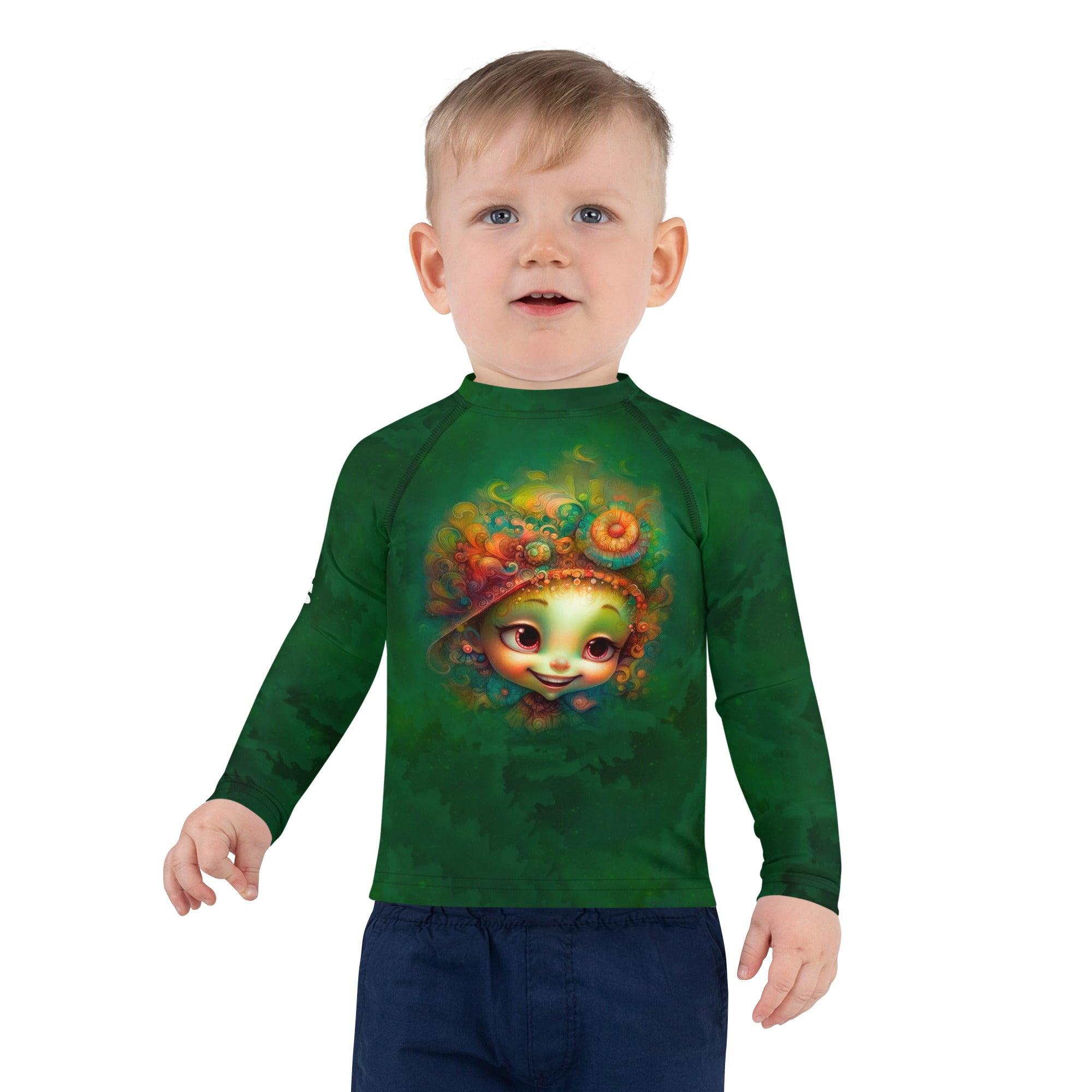 Kid surfing wearing Fantasia's protective Dreamy Pupils Rash Guard.