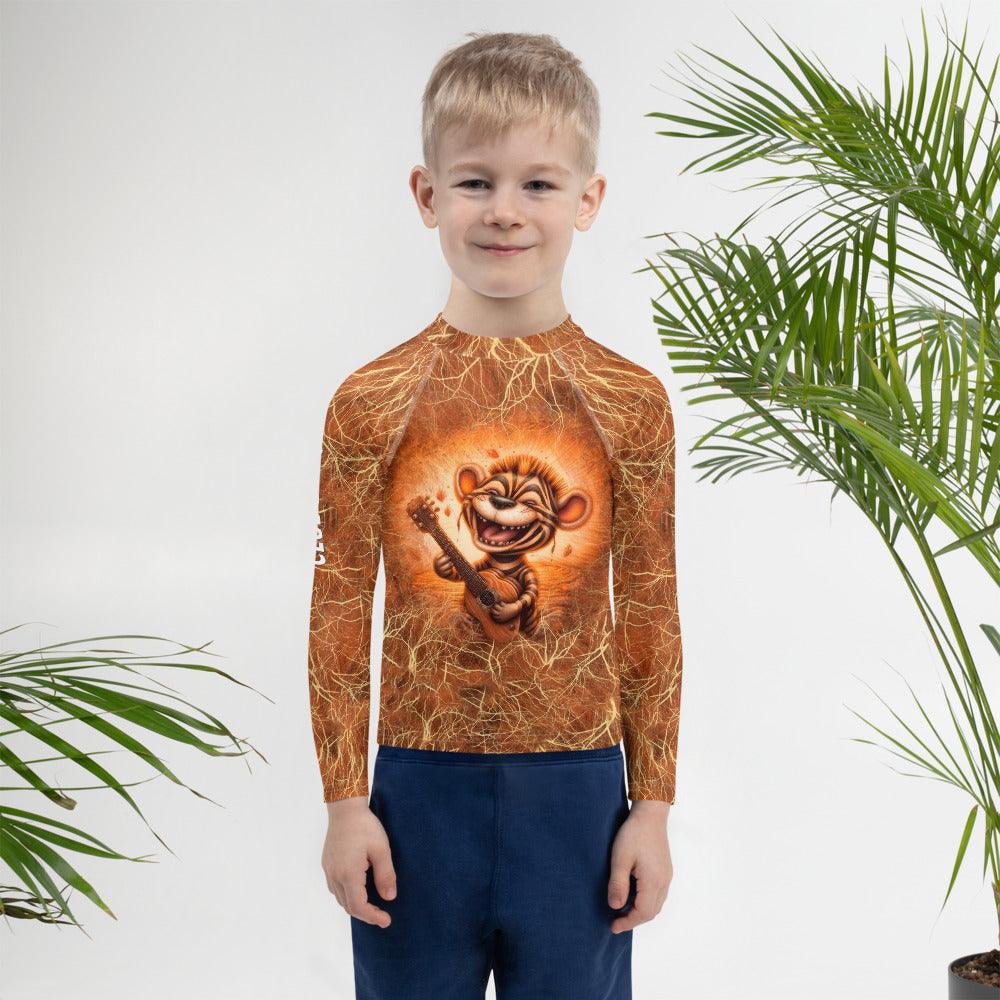 Child wearing Fantasia's colorful Mischievous Glimmers Rash Guard at the beach.