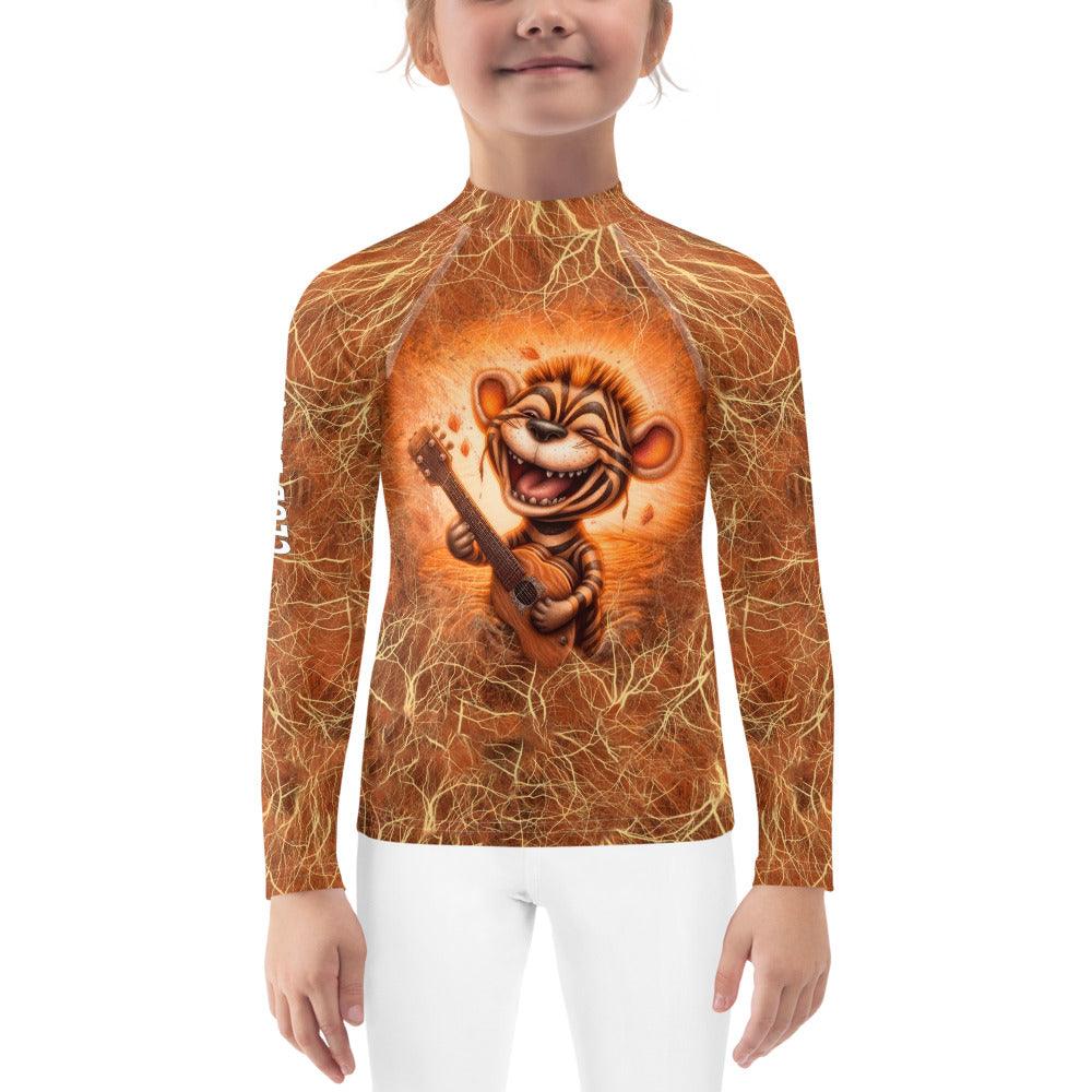 Kid happily playing in the pool wearing Fantasia's Mischievous Glimmers Rash Guard.