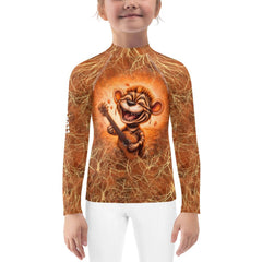 Kid happily playing in the pool wearing Fantasia's Mischievous Glimmers Rash Guard.