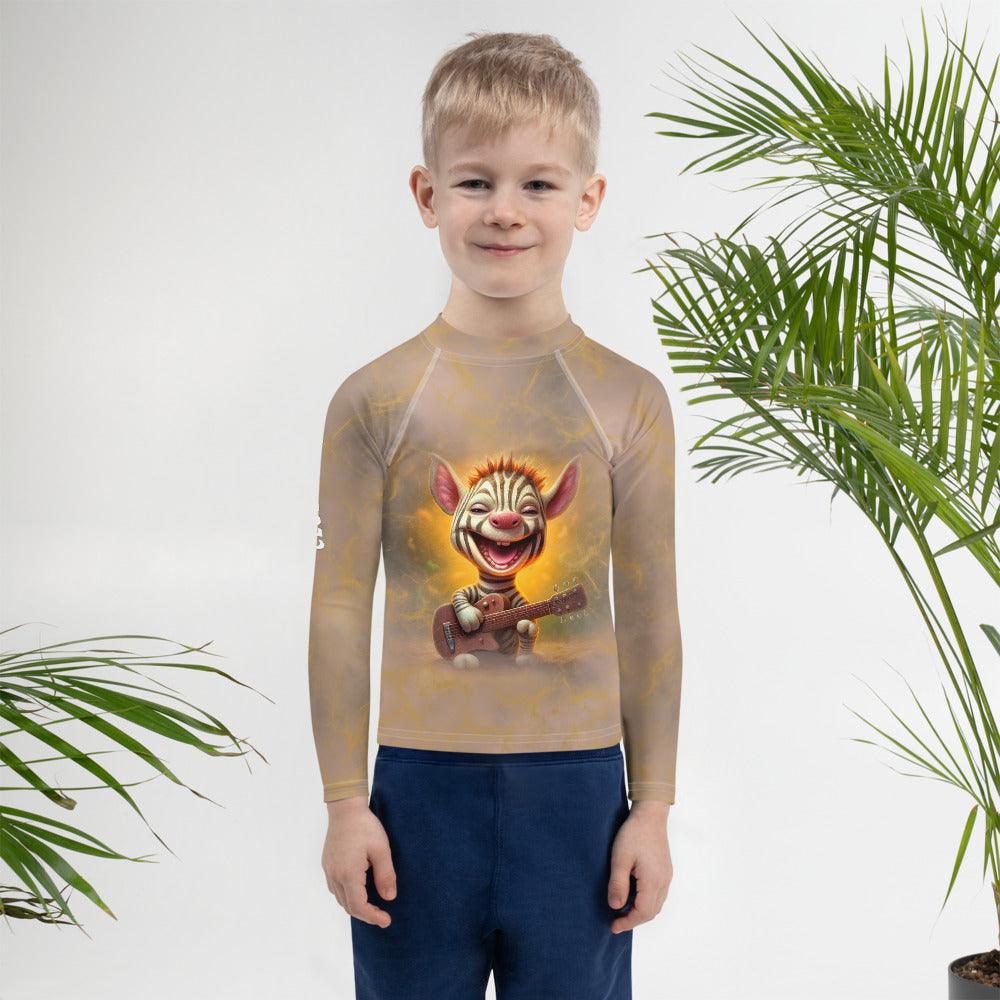 Child wearing Fantasias Tall Guardians Rash Guard in action.