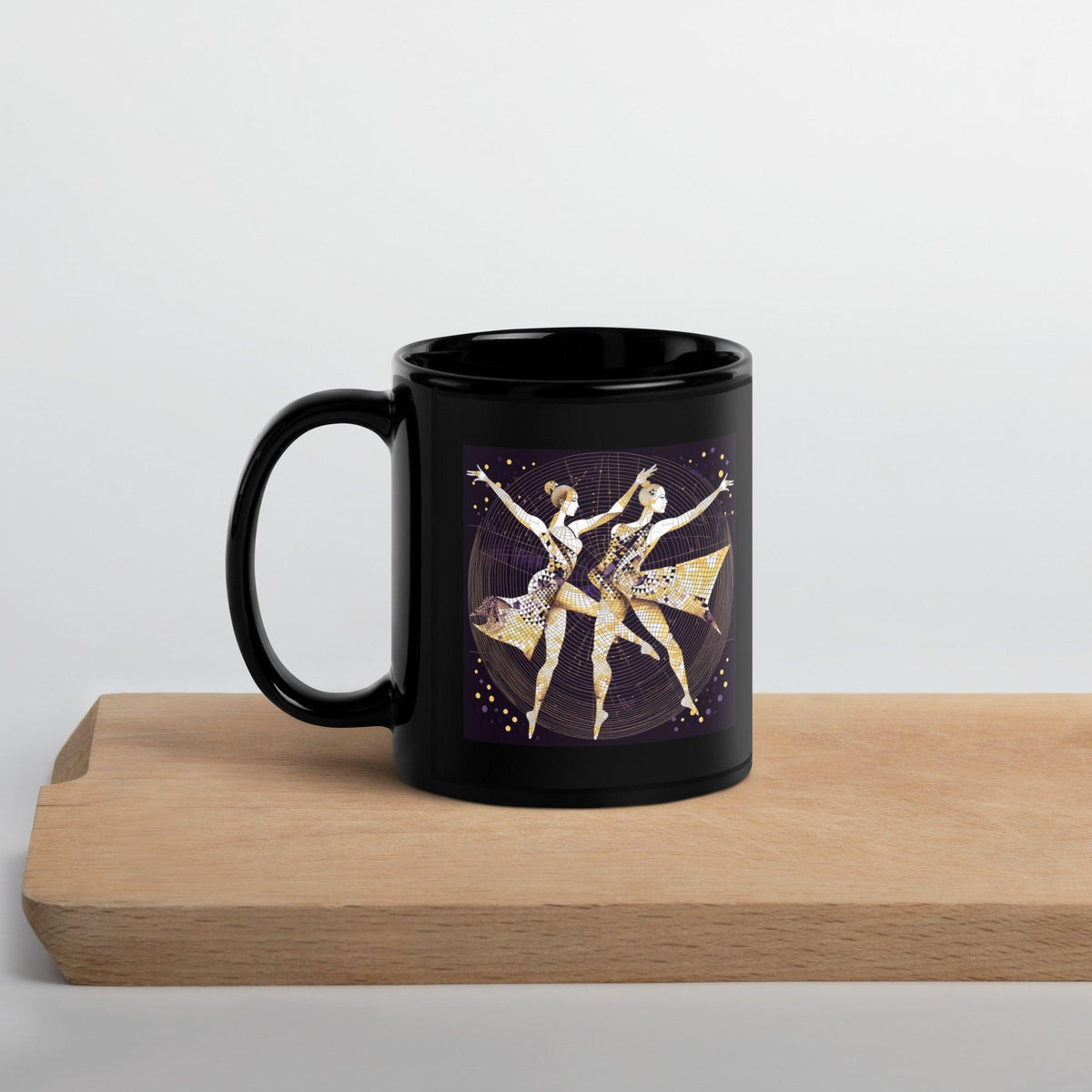 Black glossy coffee mug with feminine magic of motion design