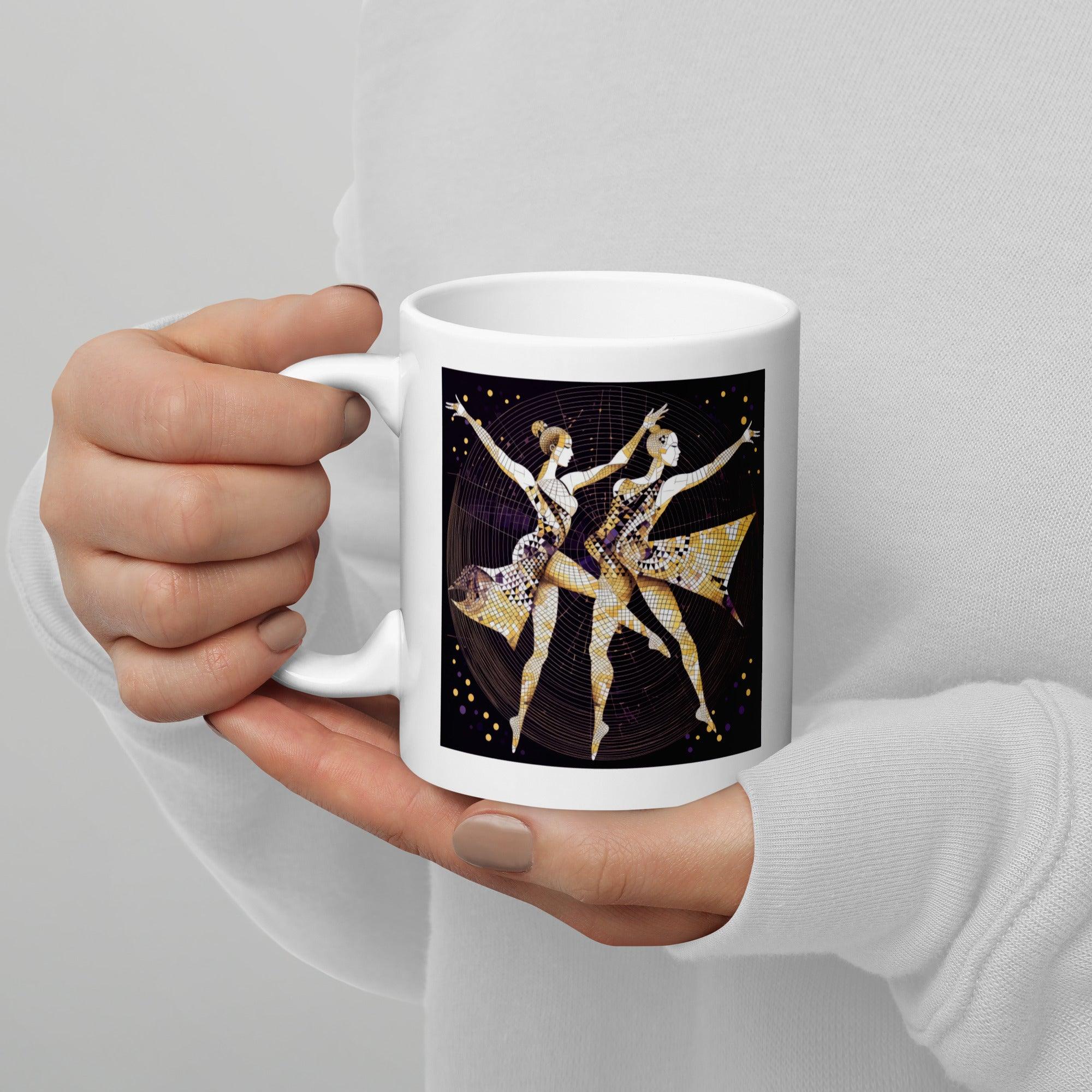 Stylish white coffee mug featuring artistic feminine patterns