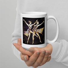 Inspirational white mug with unique feminine motion artwork