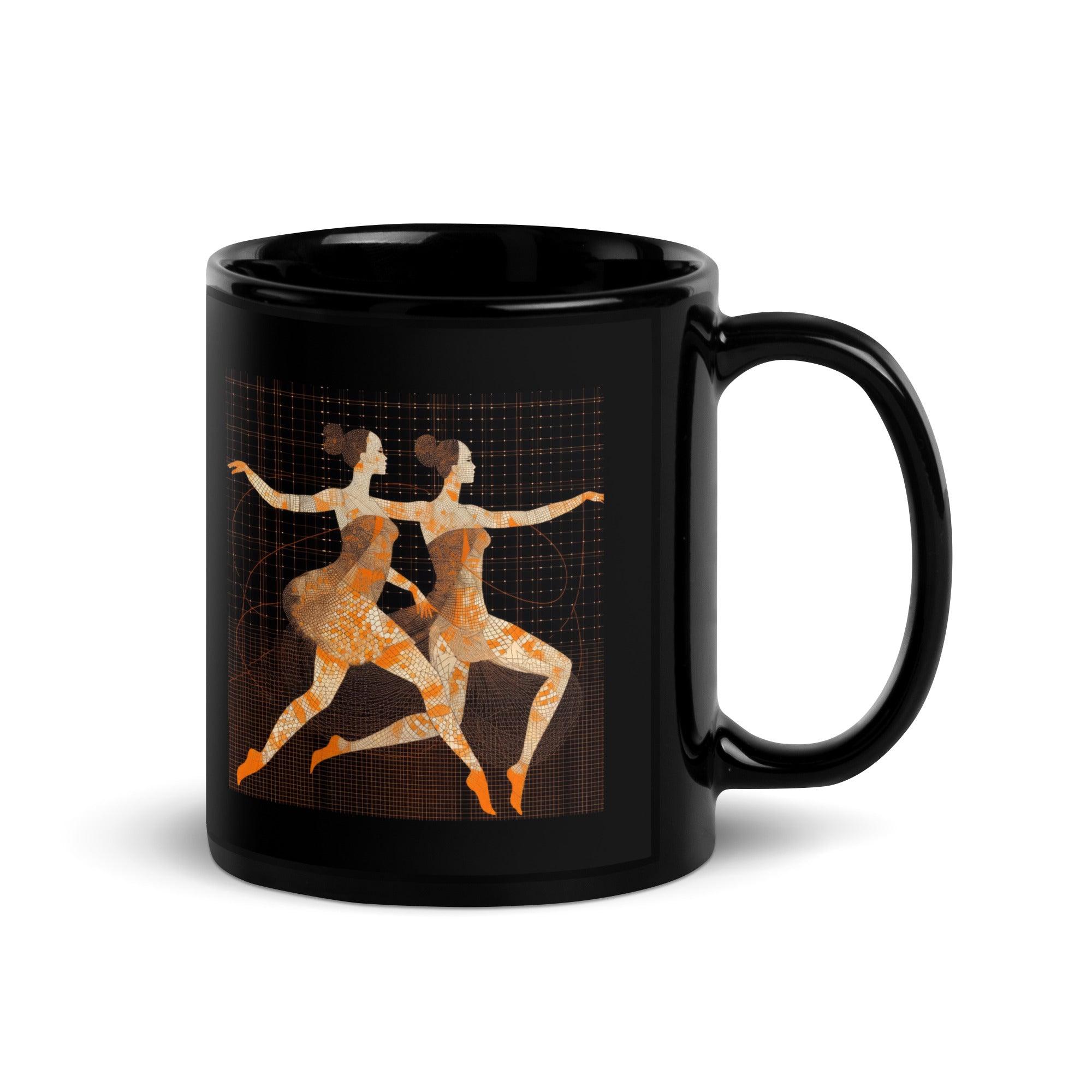 Black glossy mug with fierce feminine dance attire design.