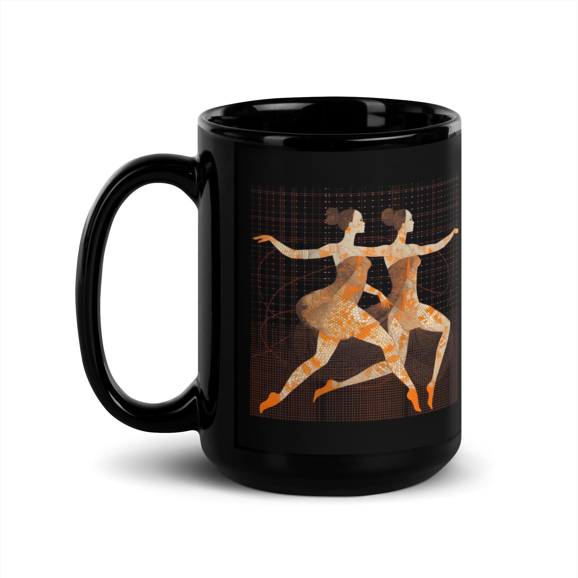 Glossy black mug featuring feminine dance graphics.