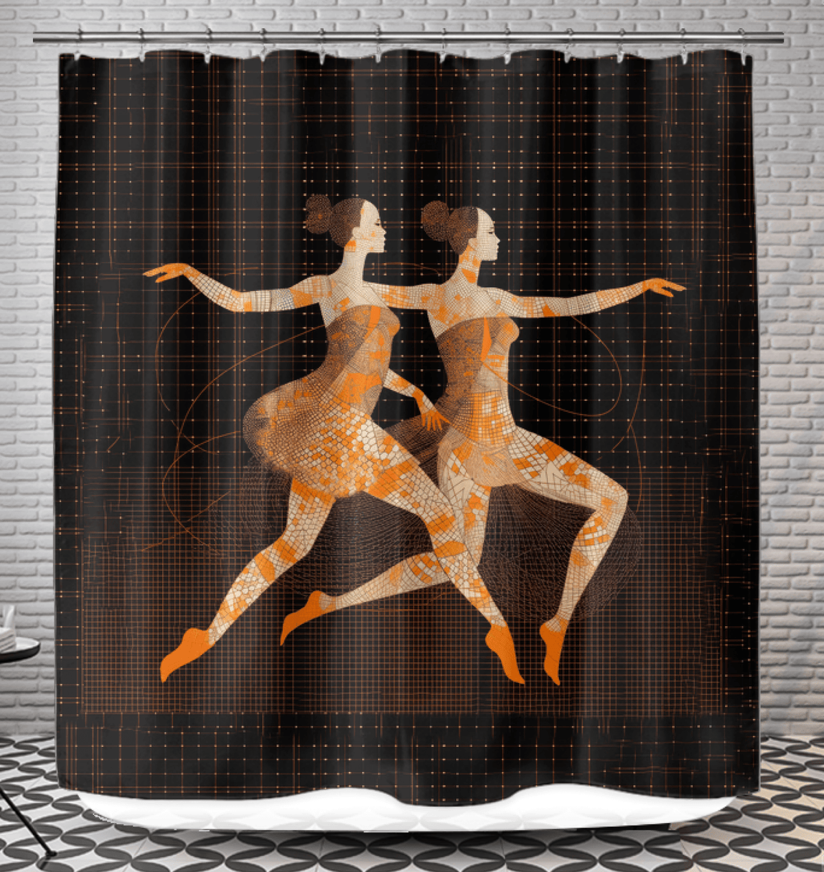 Vibrant shower curtain featuring feminine dance attire design for a lively bathroom decor.