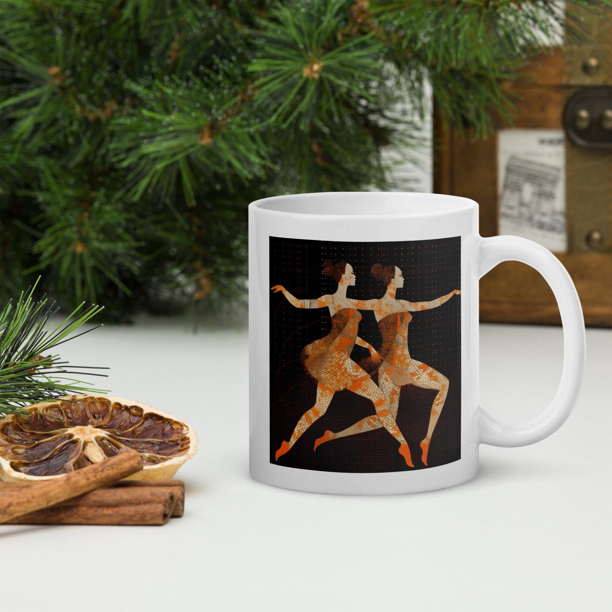 White glossy mug with fierce feminine dance attire design.