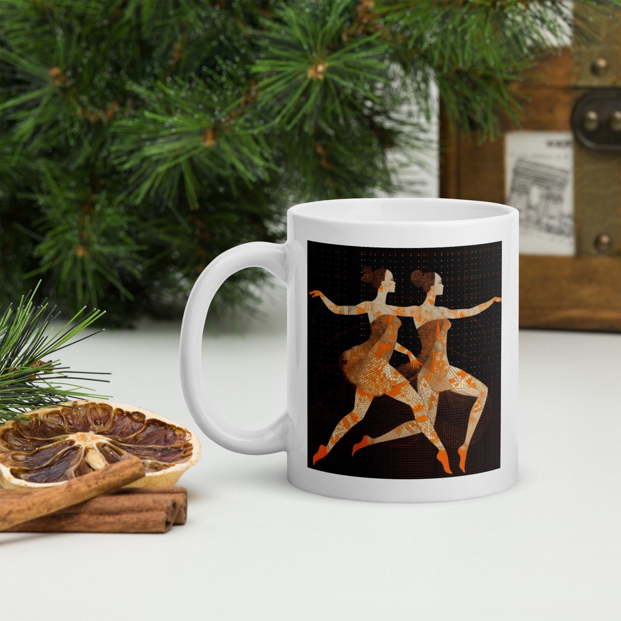 Elegant dance-themed glossy white coffee mug.