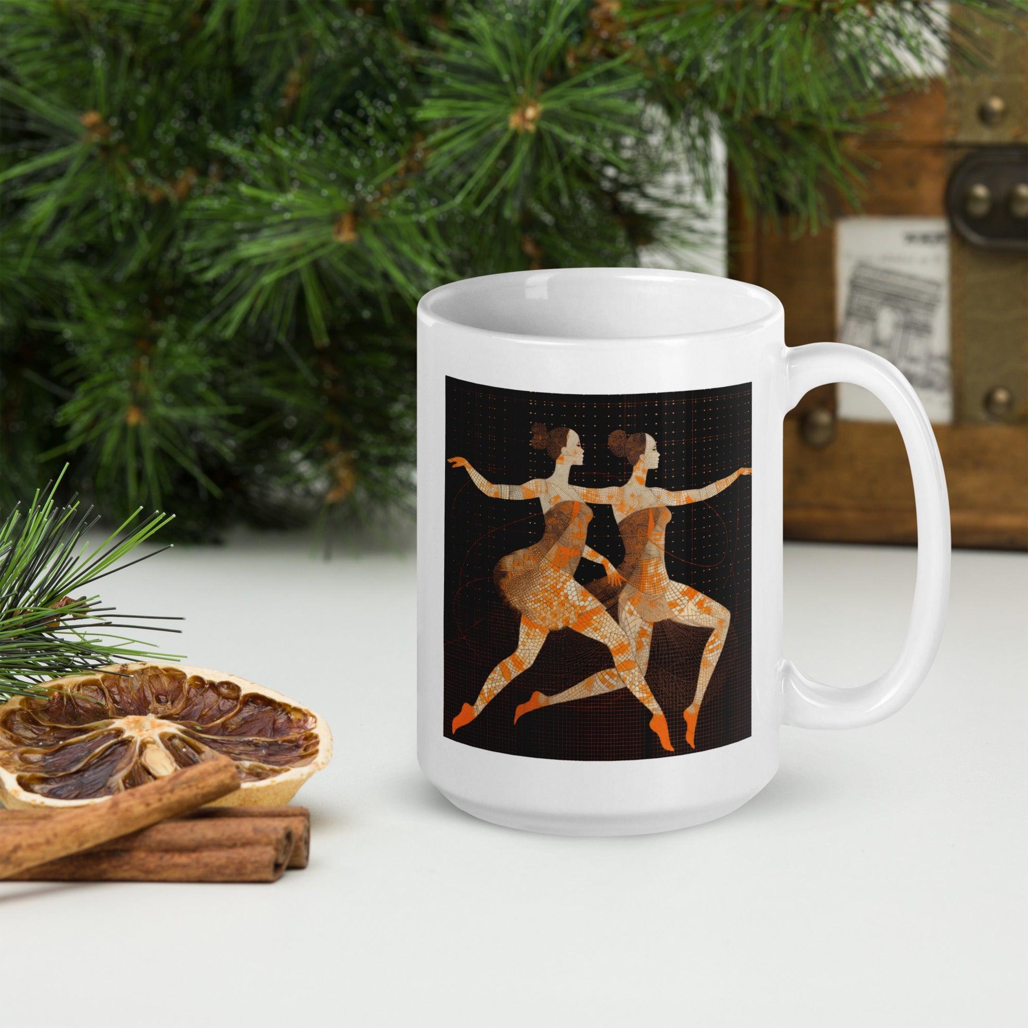 Stylish mug featuring white glossy finish and dance attire artwork.