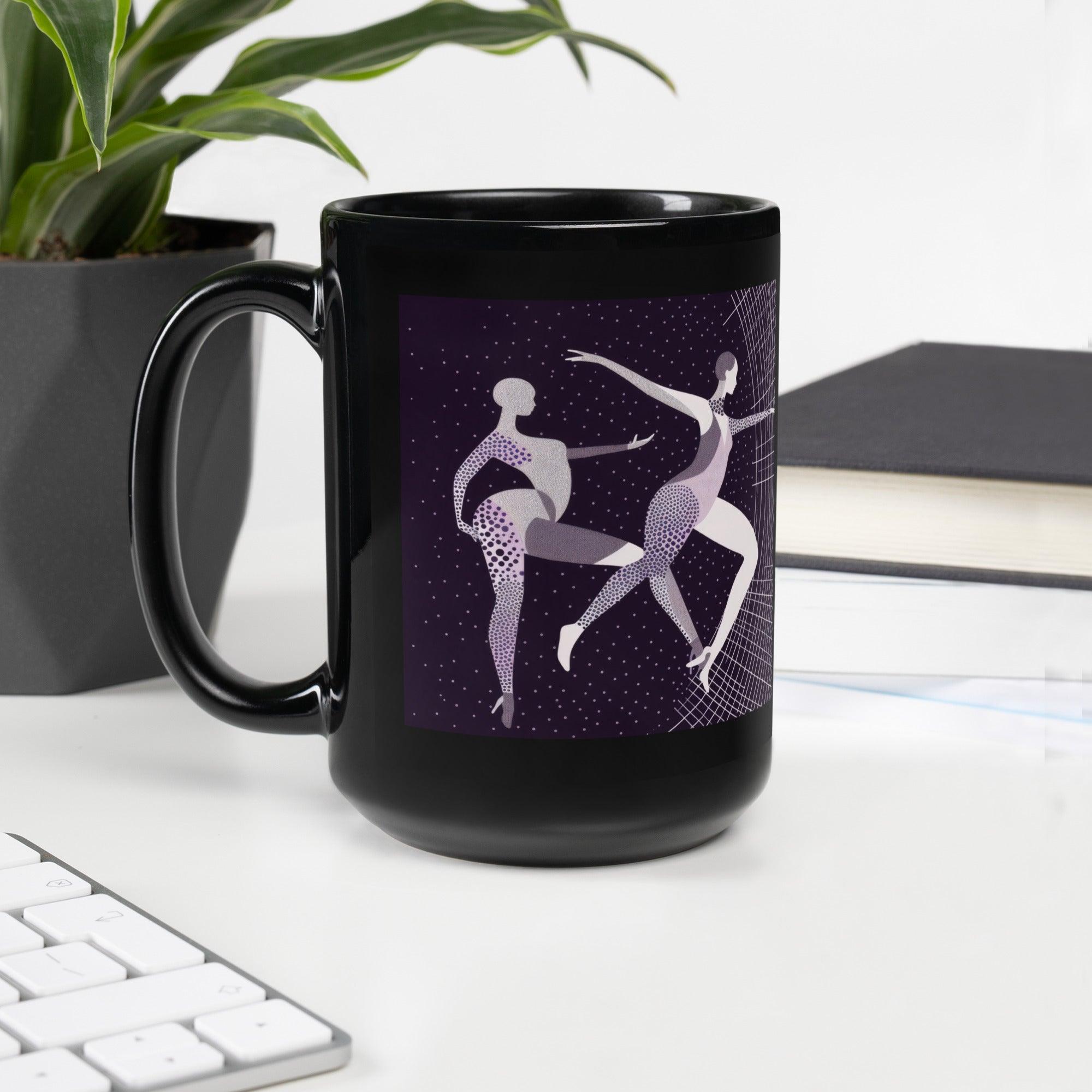 Dance-inspired black glossy coffee mug.