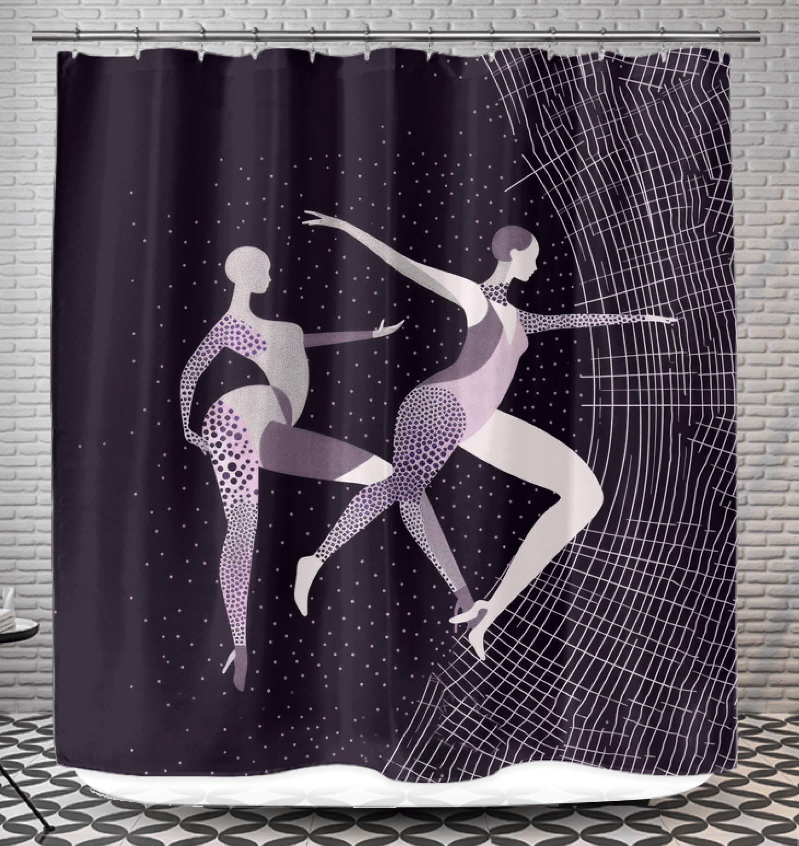 Fierce Feminine Dance Moves printed on a shower curtain, vibrant bathroom decor