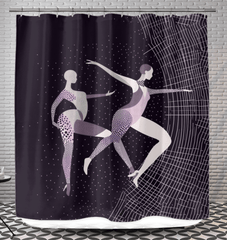 Fierce Feminine Dance Moves printed on a shower curtain, vibrant bathroom decor