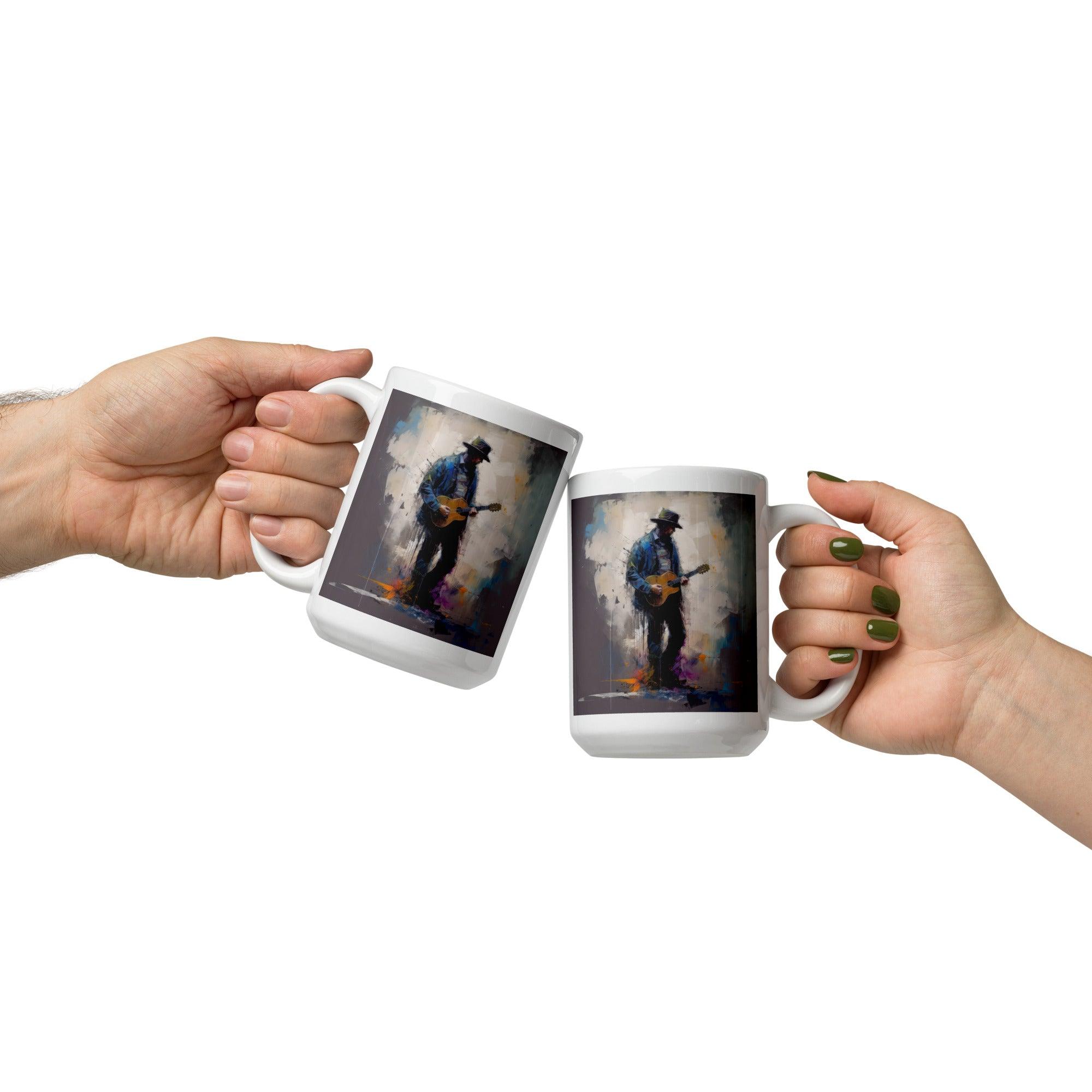 Close-up of Fingerstyle Fusion White Glossy Mug on a wooden table.