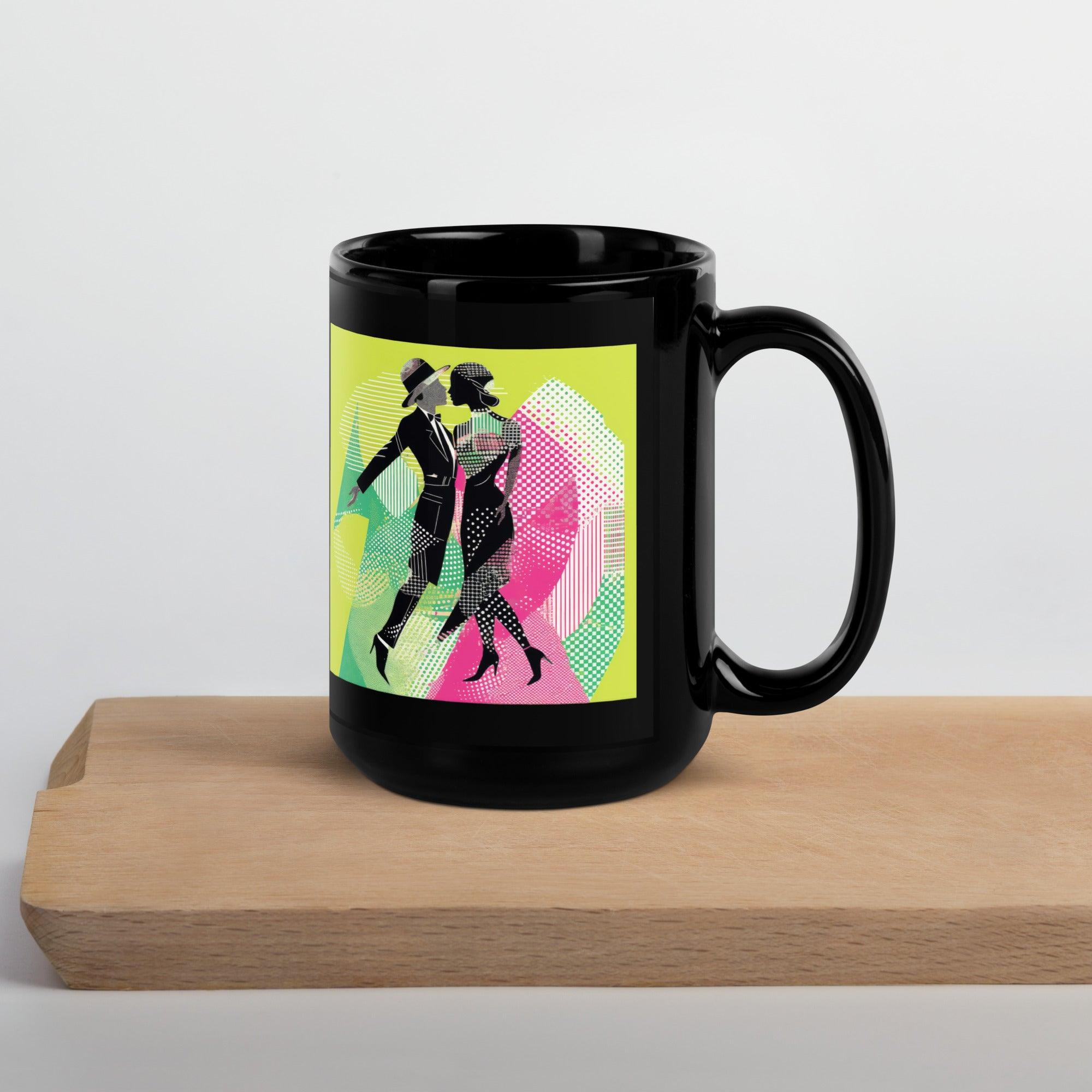 Black glossy coffee mug with fluid dance design.